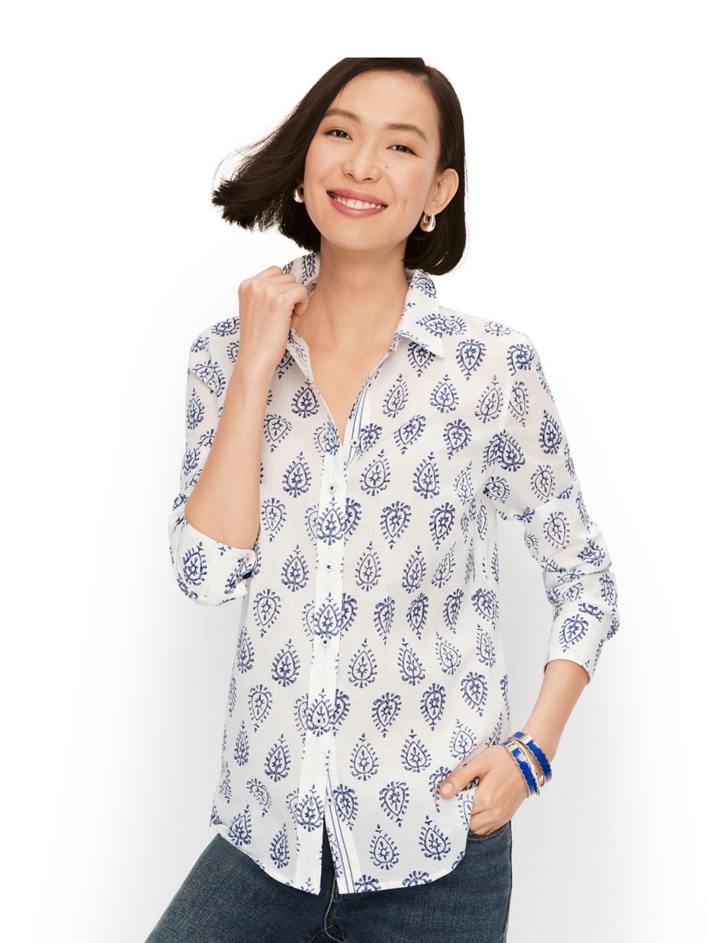 Talbots White Button-Down Shirt with Blue Paisley Print